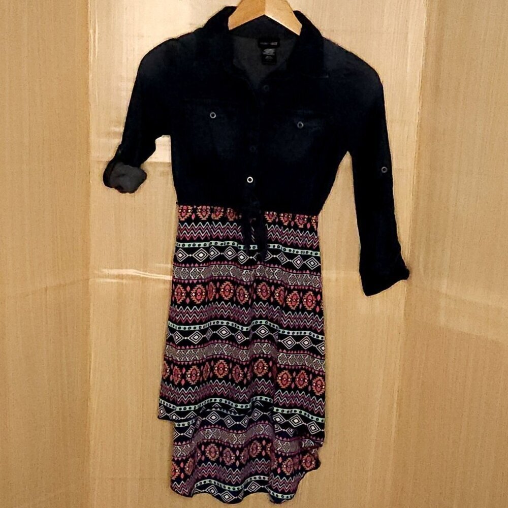 Paper Doll Girl's Mixed Material Denim Silky Southwestern Dress 7